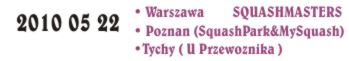 2010 05 22 Wyniki turniejowe<br /><BR>WARSZAWA. CH BLUE CITY. SQUASH CITY Mistrzostwa Stolicy Weteranów<br />Poznań. MySquash Akademickie Mistrzostwa Polski – Puchar ZG AZS<br />Poznań. SquashPark. Mistrzostwa Poznania A PFS<br />Tychy. U Przewoźnika. Turniej Dunlop Cup.